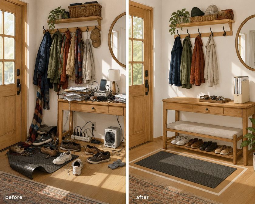 The same entryway drawn twice, side by side. On the left, labeled before, coats crowd a single rail, a scarf trails to the floor, shoes lie loose across a curling mat, and a console disappears under mail, cables, a power strip and a phone on charge. On the right, labeled after, four coats hang evenly with hooks left free, a basket and plant sit on the shelf above, the console holds only a tray with keys and glasses and one upright file of paper, shoes are paired on a low rack under a bench, and a flat mat sits square inside the door on clear floor.