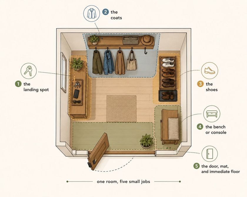 A warm overhead plan of an entryway with its five zones outlined and numbered. Zone one, the landing spot, is a console by the wall holding keys, a phone and sunglasses. Zone two, the coats, is a shelf and hook rail with four coats and a bag. Zone three, the shoes, is a rack of paired shoes with a boot tray beside it. Zone four, the bench or console, is a cushioned bench. Zone five, the door, mat, and immediate floor, is the door with its swing arc drawn as a dashed line across the mat and the strip of floor inside it. A line beneath reads: one room, five small jobs.