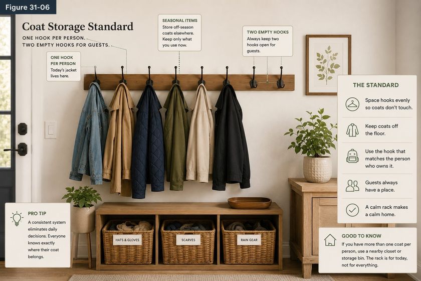 A coat rail photographed against a pale wall, titled Coat Storage Standard, one hook per person, two empty hooks for guests. Six coats hang evenly spaced with two hooks deliberately left empty at the end. Callouts read: one hook per person, today's jacket lives here; seasonal items, store off-season coats elsewhere, keep only what you use now; two empty hooks, always keep two hooks open for guests. A side panel headed The Standard lists: space hooks evenly so coats do not touch; keep coats off the floor; use the hook that matches the person who owns it; guests always have a place; a calm rack makes a calm home. Baskets beneath the bench are labeled hats and gloves, scarves, and rain gear.