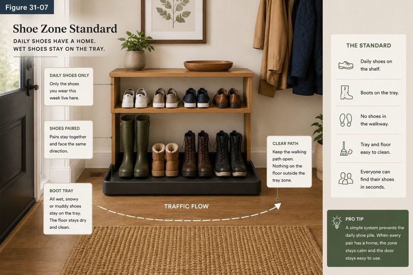 A shoe rack and boot tray photographed beside a front door, titled Shoe Zone Standard, daily shoes have a home, wet shoes stay on the tray. Four pairs sit paired and facing the same way on an open shelf, with boots and wet footwear below on a raised black tray. Callouts read: daily shoes only, only the shoes you wear this week live here; shoes paired, pairs stay together and face the same direction; boot tray, all wet, snowy or muddy shoes stay on the tray, the floor stays dry and clean; clear path, keep the walking path open, nothing on the floor outside the tray zone. A dashed arrow across the floor is labeled traffic flow. A side panel headed The Standard lists: daily shoes on the shelf; boots on the tray; no shoes in the walkway; tray and floor easy to clean; everyone can find their shoes in seconds.