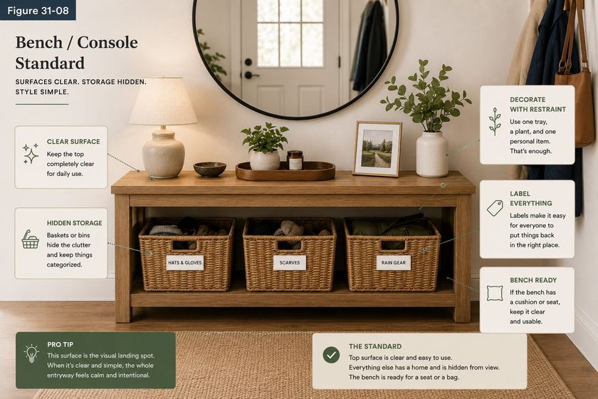 A hall bench and console photographed beneath a round mirror, titled Bench / Console Standard, surfaces clear, storage hidden, style simple. The top holds only a lamp, a small tray, a plant and one framed picture. Three lidless baskets sit on the shelf below, labeled hats and gloves, scarves, and rain gear. Callouts read: clear surface, keep the top completely clear for daily use; hidden storage, baskets or bins hide the clutter and keep things categorized; decorate with restraint, use one tray, a plant, and one personal item; label everything, labels make it easy for everyone to put things back in the right place; bench ready, if the bench has a cushion or seat, keep it clear and usable. A panel headed The Standard reads: top surface is clear and easy to use; everything else has a home and is hidden from view; the bench is ready for a seat or a bag.