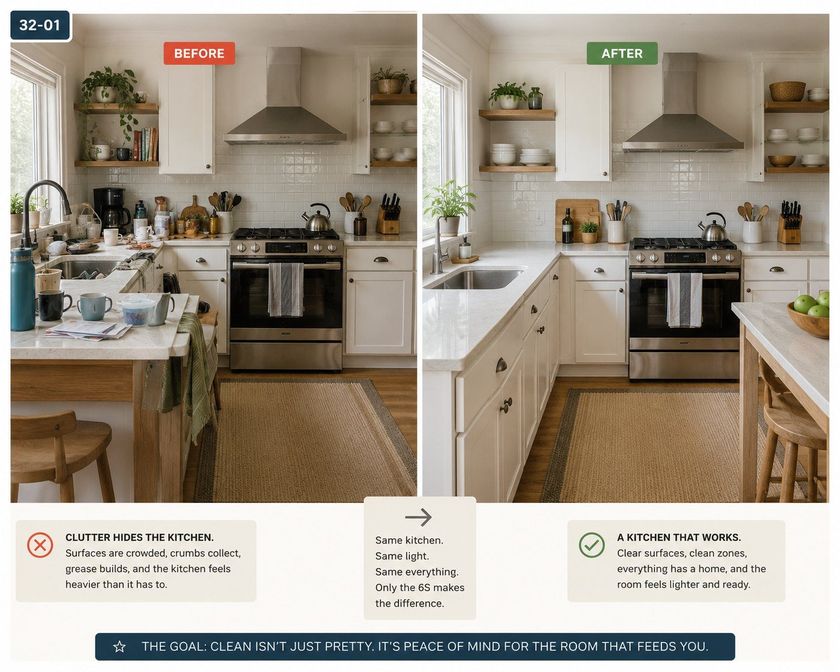 The same kitchen photographed in two states side by side. On the left, labeled before, the counter is crowded with a coffee maker, a kettle, jars, mugs, a water bottle and a drift of mail and papers, cloths are draped over the counter edge, and the sink is full. On the right, labeled after, the same kitchen is clear and clean: the counter holds only a board, a small plant and a bottle of oil, the shelves above are ordered with stacked bowls and plates, the sink is empty and dry, the hob and hood are clean, and a bowl of apples sits on the far counter.