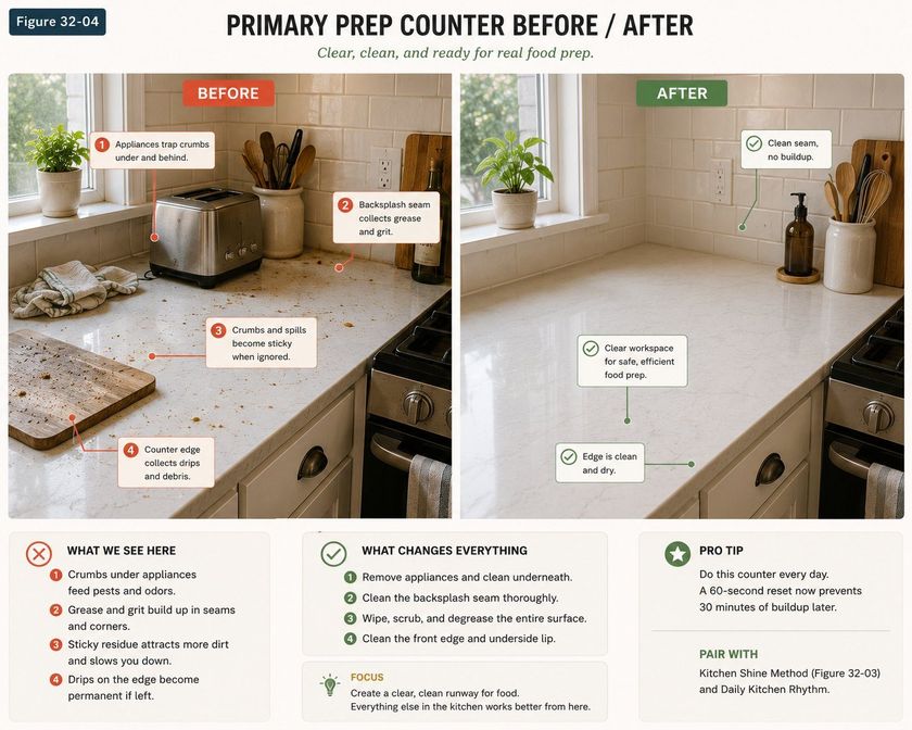 A prep counter photographed before and after cleaning, titled Primary Prep Counter Before / After. On the before side, numbered callouts read: appliances trap crumbs under and behind; backsplash seam collects grease and grit; crumbs and spills become sticky when ignored; counter edge collects drips and debris. On the after side the counter is bare and bright, with notes reading clean seam no buildup, clear workspace for safe efficient food prep, and edge is clean and dry. A panel headed what changes everything lists: remove appliances and clean underneath, clean the backsplash seam thoroughly, wipe scrub and degrease the entire surface, and clean the front edge and underside lip.