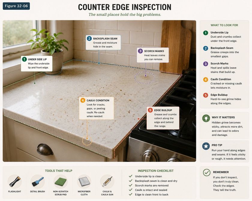 A close view of a counter edge and backsplash, titled Counter Edge Inspection, the small places hold the big problems. Five numbered callouts mark the underside lip where dust and crumbs collect under the front edge, the backsplash seam where grease creeps into the smallest gaps, scorch marks where heat and spills leave stains, caulk condition where cracked or missing caulk lets moisture in, and edge buildup where hard-to-see grime hides along the edges. A side panel adds that running your hand along edges and seams tells you whether they need attention.