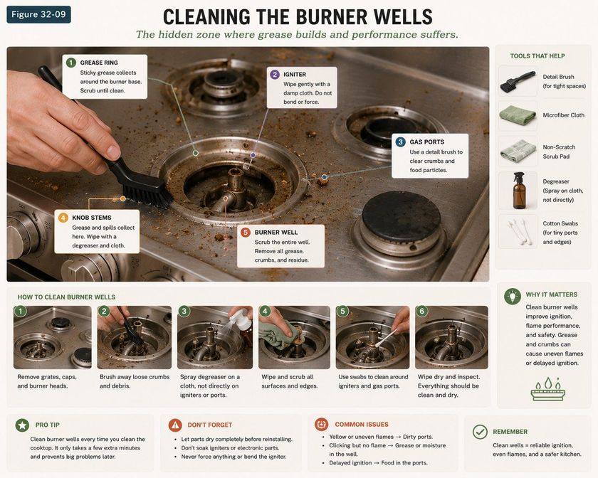 A gas hob with the grates removed, titled Cleaning the Burner Wells, the hidden zone where grease builds and performance suffers. Numbered callouts mark the grease ring collecting around the burner base, the igniter to wipe gently without bending, the gas ports to clear with a detail brush, the knob stems where grease and spills collect, and the burner well itself. A six-step strip shows removing grates and caps, brushing away loose crumbs, spraying degreaser onto a cloth rather than directly onto igniters or ports, wiping and scrubbing all surfaces, using swabs around the igniters and gas ports, and wiping dry.