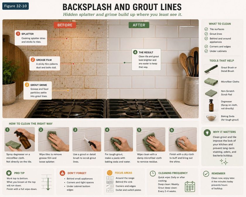 A tiled backsplash behind a hob shown half dirty and half clean, titled Backsplash and Grout Lines. Callouts on the dirty half mark cooking splatter dried onto the tiles, a sticky grease film that collects dust and looks dull, and grout grime where grease and food particles settle into the lines. A six-step strip shows spraying degreaser onto a microfiber cloth and not directly onto the tile, wiping the tiles, scrubbing the grout lines with a detail brush, treating tough grout with a baking soda paste, wiping clean with a damp cloth, and finishing with a dry cloth.