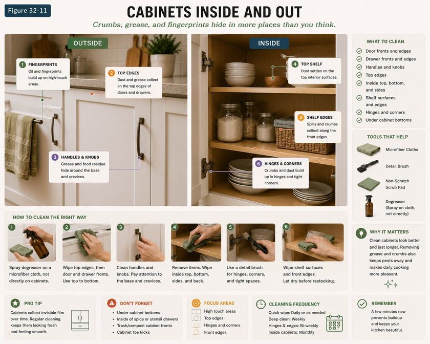 Kitchen cabinets shown closed and open side by side, titled Cabinets Inside and Out. On the outside, callouts mark fingerprints on high-touch areas, dust and grease on the top edges of doors and drawers, and grease around the base and crevices of handles and knobs. On the inside, callouts mark dust settling on top interior surfaces, spills and crumbs along the front shelf edges, and crumbs and dust building up in hinges and tight corners. A six-step strip shows spraying degreaser onto a cloth rather than the cabinets, wiping top edges then fronts working top to bottom, cleaning handles and knobs, removing items and wiping inside, using a detail brush in the hinges, and wiping shelf surfaces and front edges before letting them dry and restocking.