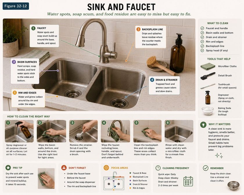 A double stainless sink and mixer tap, titled Sink and Faucet. Numbered callouts mark the faucet where water spots and soap scum build around the base, handle and spout, the backsplash line where drips leave residue where the counter meets the wall, the basin surfaces where food scraps and hard water spots stick, the drain and strainer where trapped food causes odors and slow drains, and the rim and edges where water and grime collect underneath. A six-step strip runs from spraying cleaner and letting it sit through scrubbing the drain with a brush to drying with a microfiber cloth for a streak-free finish.