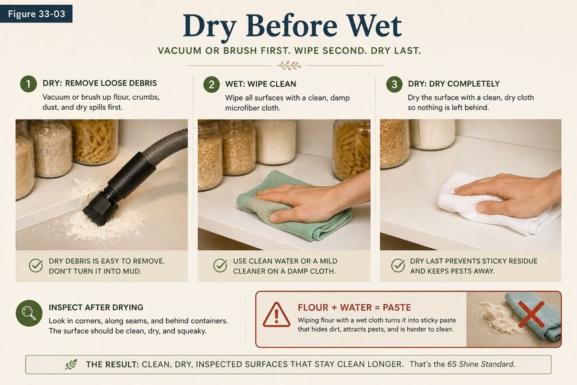 A three-step photographic sequence titled Dry Before Wet, subtitled vacuum or brush first, wipe second, dry last. Step one, dry, remove loose debris: a vacuum crevice brush lifting spilled flour from a pantry shelf beside glass jars of oats, rice and pasta. Step two, wet, wipe clean: a hand wiping the same shelf with a damp green microfiber cloth. Step three, dry, dry completely: a hand drying the shelf with a white cloth. A panel headed inspect after drying says to look in corners, along seams and behind containers, and that the surface should be clean, dry and squeaky. A warning panel headed flour plus water equals paste explains that wiping flour with a wet cloth turns it into sticky paste that hides dirt, attracts pests, and is harder to clean.