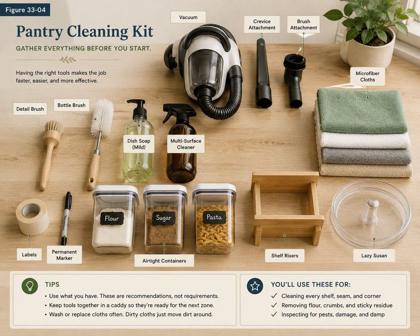 An overhead photograph of the pantry cleaning kit laid out on an oak surface, titled Pantry Cleaning Kit, gather everything before you start. Each item is labeled: a vacuum with a crevice attachment and a brush attachment, a detail brush, a bottle brush, a plain bottle of mild dish soap, a plain amber bottle of multi-surface cleaner, a stack of color-coded microfiber cloths, a roll of labels, a permanent marker, three airtight containers holding flour, sugar and pasta, a wooden shelf riser, and a clear turntable. All containers and bottles are plain and unbranded.