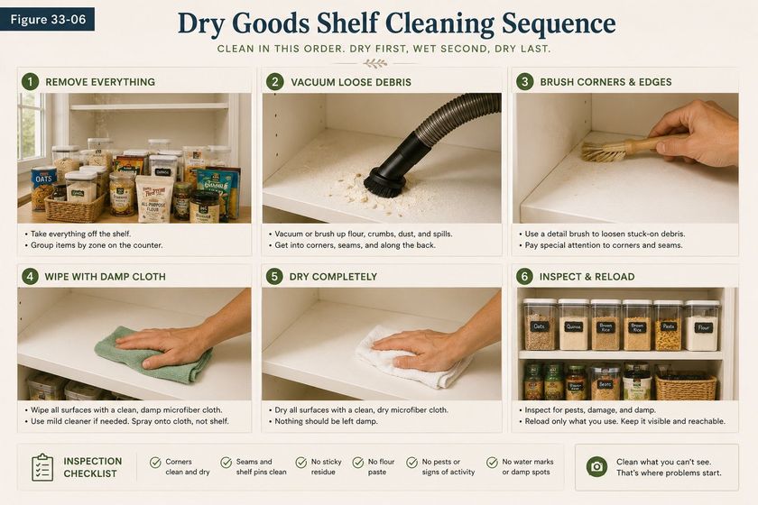 A six-step photographic sequence titled Dry Goods Shelf Cleaning Sequence, subtitled clean in this order, dry first, wet second, dry last. Step one, remove everything: the shelf contents grouped on a counter. Step two, vacuum loose debris: a vacuum crevice brush lifting flour and crumbs from the empty shelf. Step three, brush corners and edges: a wooden detail brush working a shelf corner. Step four, wipe with a damp cloth, with a note to spray onto the cloth and not the shelf. Step five, dry completely with a clean dry cloth so nothing is left damp. Step six, inspect and reload, showing labeled airtight containers returned to a clean shelf. An inspection checklist runs along the foot: corners clean and dry, seams and shelf pins clean, no sticky residue, no flour paste, no pests or signs of activity, no water marks or damp spots.