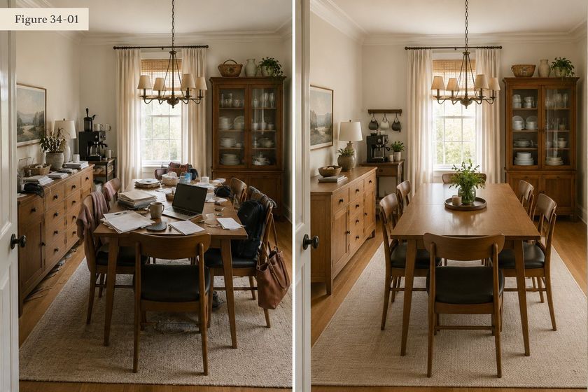 The same dining room photographed in two states side by side. On the left, labeled before, the table is lost under a laptop, stacked papers, mugs, plates and bags, a coat is draped over a chair back, a handbag hangs from another, and the sideboard behind is crowded with post and clutter. On the right, labeled after, the identical room from the identical angle is calm: the table is bare wood holding only a tray with a small plant and a candle, every chair is pushed in, the sideboard is clear, and the china cabinet beyond is ordered.