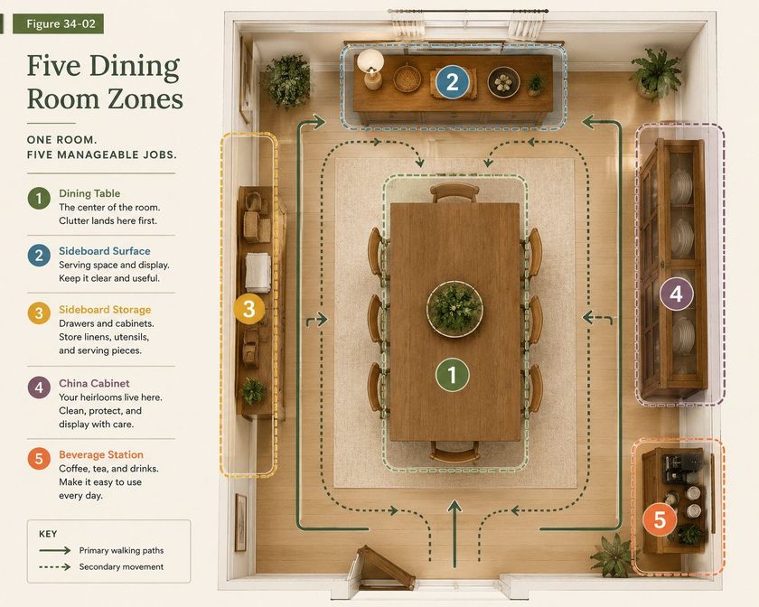 A warm overhead plan of a dining room with its five zones outlined, numbered and named. Zone one, the dining table, is the table at the center of the room with its chairs. Zone two, the sideboard surface, is the top of the long sideboard against the far wall. Zone three, the sideboard storage, is the drawers and cabinets of a second unit along the left wall. Zone four, the china cabinet, is the tall glass-fronted cabinet on the right. Zone five, the beverage station, is a small unit with a coffee machine in the lower right corner. Solid and dashed arrows mark the primary walking paths and secondary movement around the table. A line reads: one room, five manageable jobs.