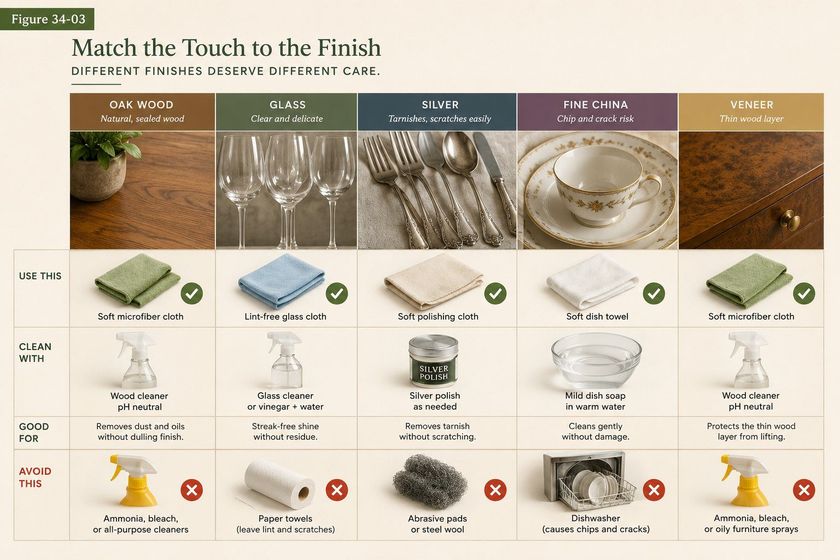 A reference table titled Match the Touch to the Finish, with a column for each surface. Oak wood, described as natural sealed wood, takes a soft microfiber cloth and a pH neutral wood cleaner, and avoids ammonia, bleach and all-purpose cleaners. Glass takes a lint-free glass cloth and glass cleaner, and avoids paper towels which leave lint and scratches. Silver, which tarnishes and scratches easily, takes a soft polishing cloth and silver polish as needed, and avoids abrasive pads and steel wool. Fine china, at chip and crack risk, takes a soft dish towel and mild dish soap in warm water, and avoids the dishwasher because it causes chips and cracks. Veneer, a thin wood layer, takes a soft microfiber cloth and pH neutral wood cleaner, and avoids ammonia, bleach and oily furniture sprays.