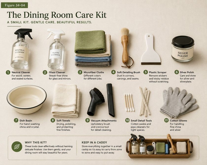 An overhead photograph of the dining room care kit laid out on a pale surface, with eleven numbered items: a plain bottle labeled neutral cleaner for wood, veneer and sealed surfaces; a plain bottle labeled glass cleaner; a stack of color-coded microfiber cloths; a soft detailing brush for corners, carvings and seams; a plastic scraper for sticky residue; a plain tin labeled silver polish; a dish basin for hand-washing china and crystal; soft towels; vacuum upholstery and crevice attachments; cotton swabs and pipe cleaners for tight spaces; and cotton gloves for handling fine china and silver. A panel below shows everything gathered in a small wooden caddy.