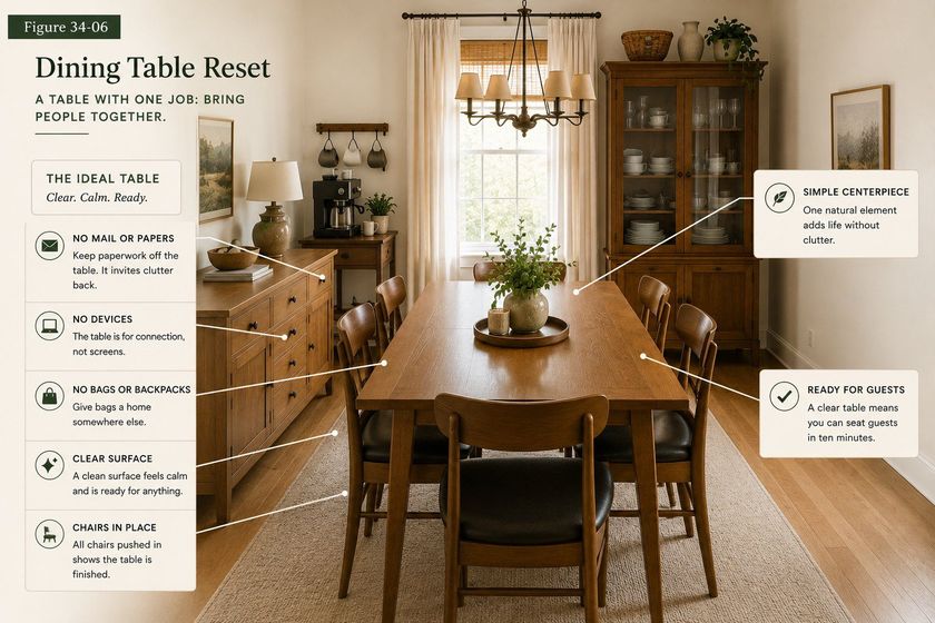 A photograph of a set dining room titled Dining Table Reset, subtitled a table with one job: bring people together. Callouts on the left list what the ideal table excludes: no mail or papers, because paperwork invites clutter back; no devices, because the table is for connection not screens; no bags or backpacks, which should be given a home elsewhere; a clear surface; and chairs in place, all pushed in to show the table is finished. Callouts on the right mark a simple centerpiece of one natural element, and a note that a clear table means you can seat guests in ten minutes.