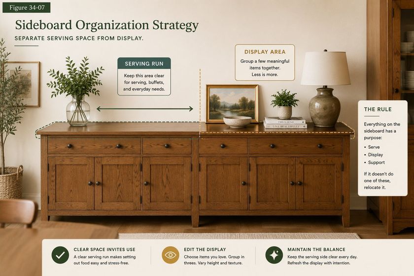 A photograph of a long oak sideboard titled Sideboard Organization Strategy, subtitled separate serving space from display. The left two thirds of the top is outlined and labeled the serving run, kept clear for serving, buffets and everyday needs. The right third is outlined and labeled the display area, holding a framed picture, a bowl, a small stack of books, a plant and a lamp grouped together. A side panel notes that everything on the sideboard should serve, display, or support, and that anything else should be relocated.
