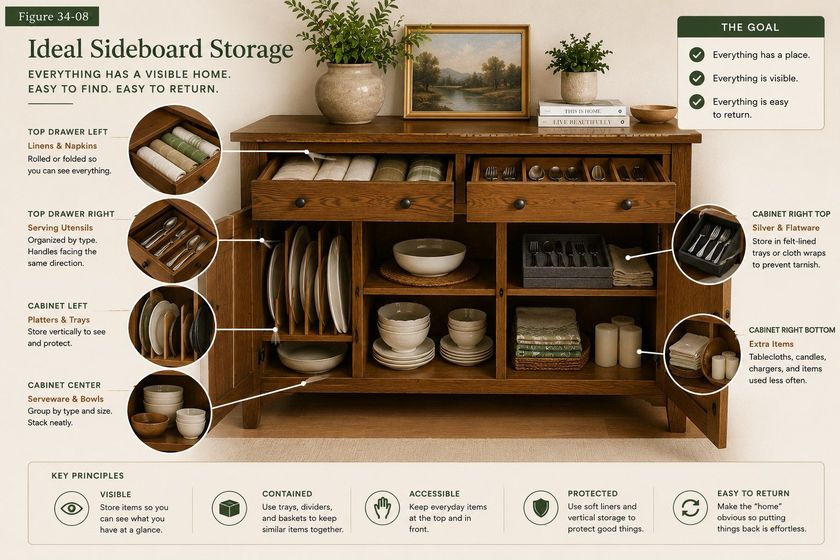 A photograph of an open sideboard titled Ideal Sideboard Storage, subtitled everything has a visible home, easy to find, easy to return. Detail circles show the top left drawer holding linens and napkins rolled or folded so everything is visible; the top right drawer holding serving utensils organized by type with handles facing the same direction; the left cabinet holding platters and trays stored vertically; the center cabinet holding serveware and bowls grouped by type; the right top holding silver and flatware in felt-lined trays or cloth wraps to prevent tarnish; and the right bottom holding tablecloths, candles and chargers used less often.