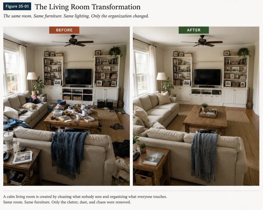 The same living room photographed in two states side by side. On the left, labeled before, clothes and blankets are strewn across both sofas, the coffee table is buried under magazines, mugs, papers and a games controller, cups and remotes cover the side table, and items are scattered across the floor and rug. On the right, labeled after, the identical room from the identical angle is calm: both sofas are clear with cushions squared, the coffee table holds only a tray with a small plant, the side table holds one book and a plant, the shelves are ordered, and the floor and rug are completely clear.