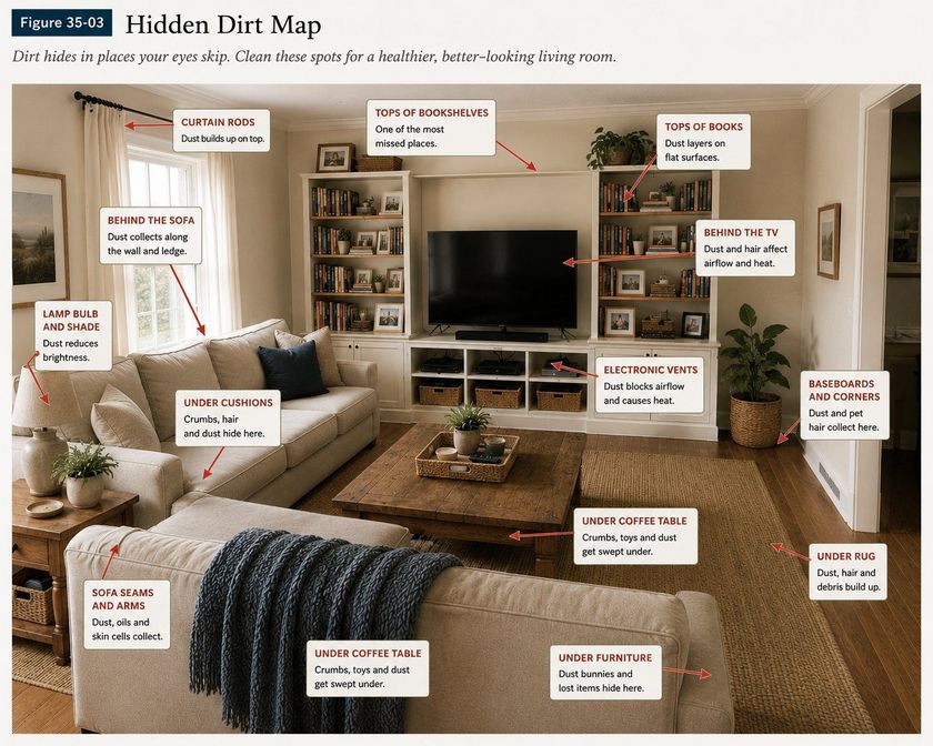 A photograph of a living room titled Hidden Dirt Map, with fourteen labeled callouts marking the places dust collects out of sight: curtain rods, tops of bookshelves, tops of books, behind the sofa along the wall and ledge, behind the television where dust and hair affect airflow and heat, the lamp bulb and shade where dust reduces brightness, under the sofa cushions where crumbs, hair and dust hide, the sofa seams and arms where dust, oils and skin cells collect, the electronic vents where dust blocks airflow and causes heat, the baseboards and corners, under the coffee table, under the rug, and under the furniture.