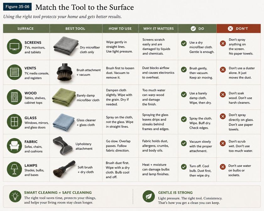 A reference table titled Match the Tool to the Surface, with a row for each surface. Screens, meaning televisions, monitors and tablets, take a dry microfiber cloth only, wiped gently in straight lines, because screens scratch easily and are damaged by liquids; do not spray anything on the screen and use no paper towels. Vents on the television, media console and registers take a brush attachment and vacuum, brushing first to loosen and vacuuming to remove, because dust blocks airflow and causes electronics to overheat. Wood takes a barely damp microfiber cloth wiped with the grain. Glass takes glass cleaner sprayed on the cloth and not on the glass. Fabric takes the upholstery attachment, worked slowly with overlapping passes. Lamps take a soft brush and a dry cloth with the bulb cool and off.