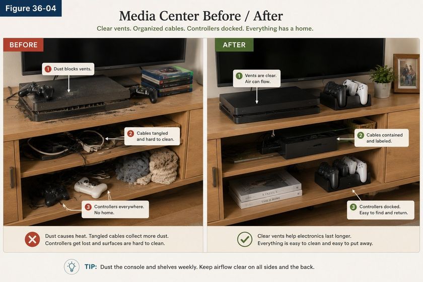 A media console photographed before and after cleaning, titled Media Center Before and After, subtitled clear vents, organized cables, controllers docked, everything has a home. On the before side, numbered callouts mark dust blocking the console vents, cables tangled and hard to clean, and controllers lying loose with no home, with a note that dust causes heat and tangled cables collect more dust. On the after side the identical console is clean: the vents are clear so air can flow, the cables are contained and labeled in a covered channel, and the controllers stand in a dock, with a note that clear vents help electronics last longer. A tip at the foot says to dust the console and shelves weekly and keep airflow clear on all sides and the back.