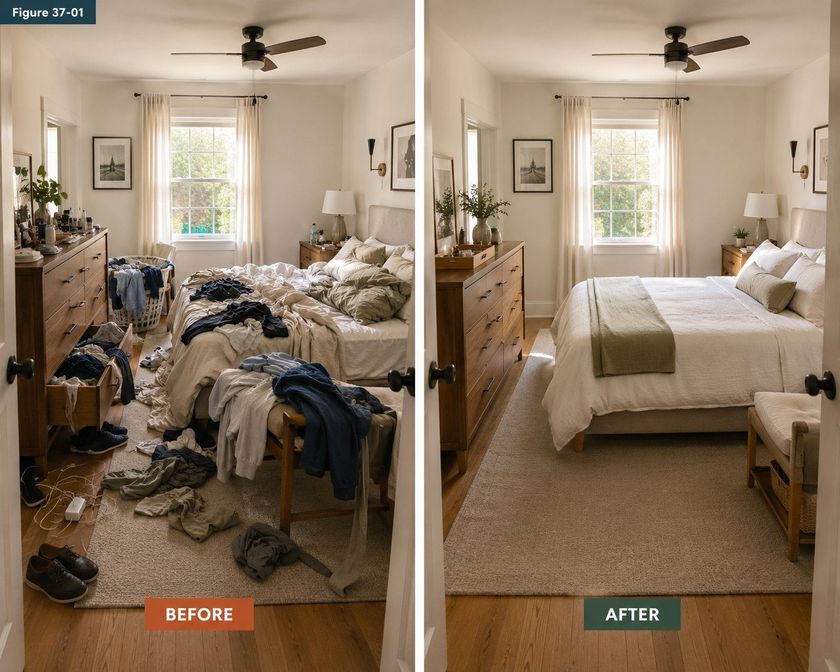 The same primary bedroom photographed in two states side by side. On the left, labeled before, clothes cover the unmade bed and the bench at its foot, a dresser drawer hangs open with garments spilling out, shoes and a charging cable lie across the floor between the door and the bed, and the dresser top is crowded with bottles and clutter. On the right, labeled after, the identical room from the identical angle is calm: the bed is made with smooth linen, the dresser top holds only a small tray and a vase, both nightstands are clear, and the strip of floor from the door to the bed is completely bare.