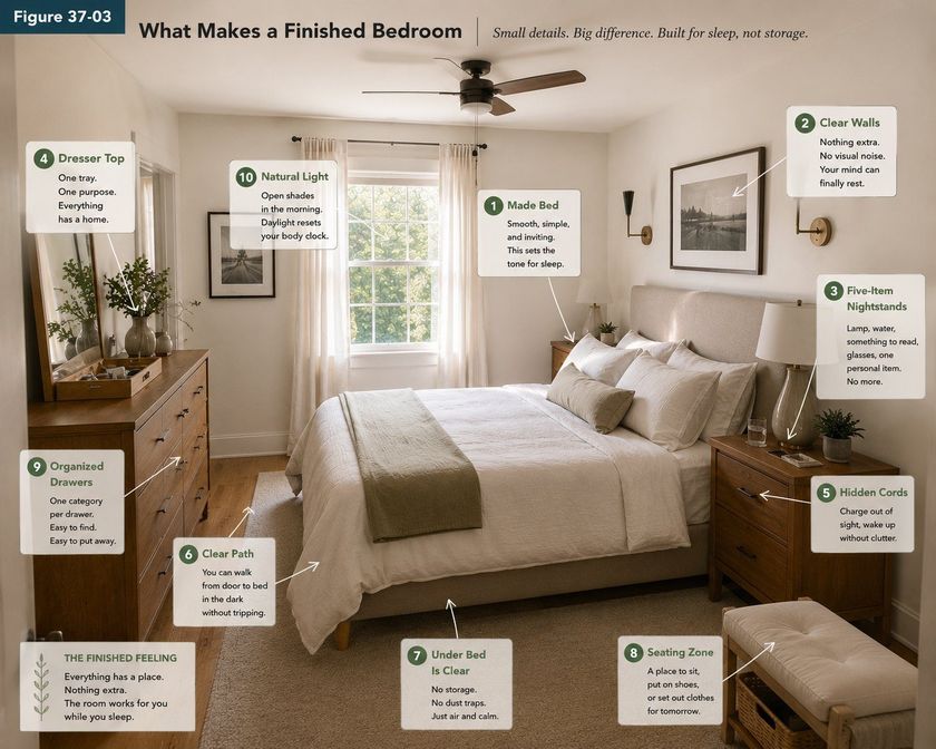 A photograph of a finished primary bedroom titled What Makes a Finished Bedroom, with ten numbered callouts. A made bed that is smooth, simple and inviting. Clear walls with nothing extra. Five-item nightstands holding a lamp, water, something to read, glasses and one personal item and no more. A dresser top with one tray and one purpose. Hidden cords so charging happens out of sight. A clear path so you can walk from door to bed in the dark without tripping. A clear space under the bed. A seating zone for putting on shoes or setting out tomorrow's clothes. Organized drawers with one category per drawer. And natural light from open shades in the morning.