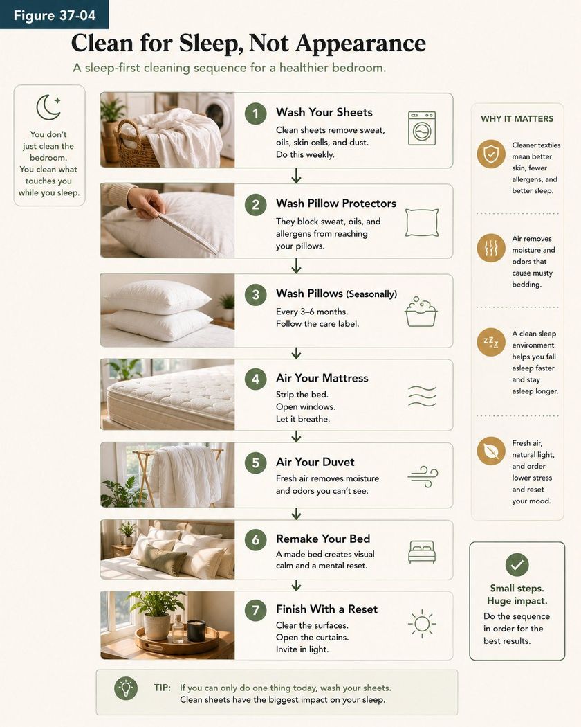 A seven step vertical sequence titled Clean for Sleep, Not Appearance, subtitled a sleep-first cleaning sequence for a healthier bedroom, with a side note reading you do not just clean the bedroom, you clean what touches you while you sleep. Step one, wash your sheets weekly to remove sweat, oils, skin cells and dust. Step two, wash pillow protectors, which block sweat, oils and allergens from reaching your pillows. Step three, wash pillows seasonally, following the care label. Step four, air your mattress by stripping the bed, opening windows and letting it breathe. Step five, air your duvet, because fresh air removes moisture and odors you cannot see. Step six, remake your bed. Step seven, finish with a reset: clear the surfaces, open the curtains, invite light.