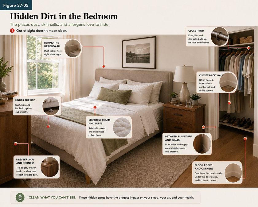 A photograph of a bedroom titled Hidden Dirt in the Bedroom, subtitled the places dust, skin cells and allergens love to hide, with a warning line reading out of sight does not mean clean. Nine callouts with magnified detail circles mark: behind the headboard where dust settles night after night; under the bed where dust, hair and lint build up fast out of sight; mattress seams and tufts where skin cells, sweat and dust mites collect; dresser gaps and corners including top edges and drawer tracks; between furniture and walls, in the gaps around nightstands and dressers; the closet rod where dust, lint and skin cells build up; the closet back wall where dust collects on the wall and in the corners; and floor edges and corners along the baseboards and under the door swing.
