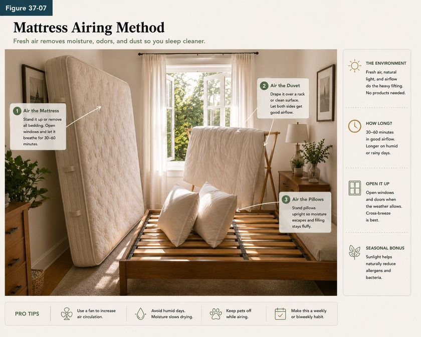 A photograph of a stripped bed titled Mattress Airing Method, subtitled fresh air removes moisture, odors and dust so you sleep cleaner. The mattress stands upright on its side against the wall beside an open window, the duvet is draped over a wooden rack, and two pillows stand upright on the bare slats. Three callouts explain: air the mattress by standing it up or removing all bedding, opening windows and letting it breathe; air the duvet by draping it over a rack or clean surface so both sides get airflow; and air the pillows by standing them upright so moisture escapes and the filling stays fluffy. A side panel notes that fresh air, natural light and airflow do the heavy lifting with no products needed, and that a cross-breeze is best.