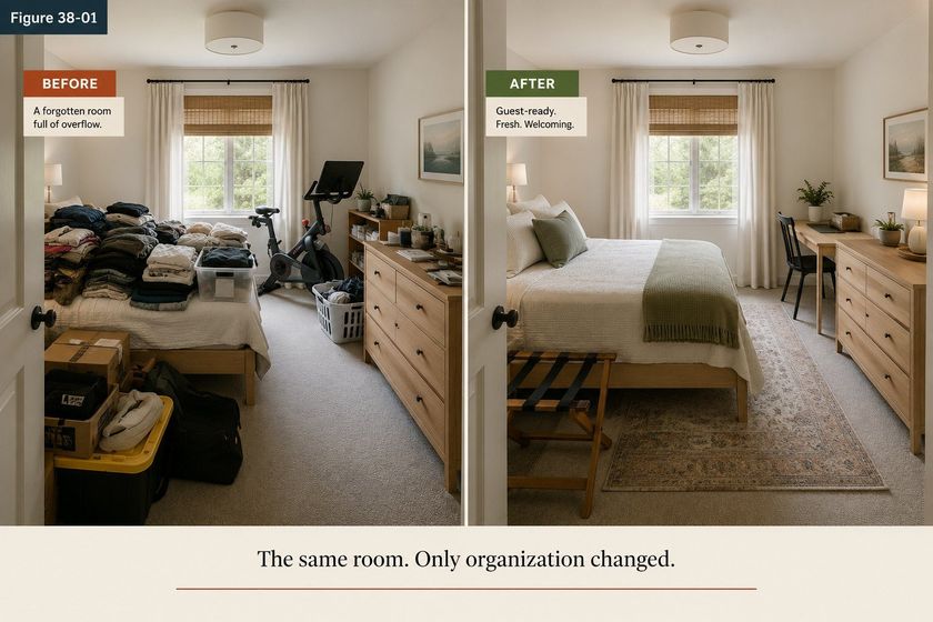 The same guest bedroom photographed in two states side by side. On the left, labeled before and captioned a forgotten room full of overflow, the bed is buried under stacks of folded clothes and a storage tub, cardboard boxes and bags are piled on the floor, a laundry basket sits beside an exercise bike, and the dresser top is crowded. On the right, labeled after and captioned guest ready, fresh, welcoming, the identical room from the identical angle holds a made bed with a folded throw, a luggage rack at its foot, a clear desk with a lamp and a small plant, a clear dresser top, and a completely clear path from the door to the bed.