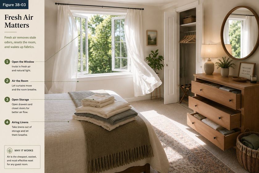 A photograph of a guest bedroom titled Fresh Air Matters, subtitled fresh air removes stale odors, resets the room, and wakes up fabrics. Four numbered callouts: open the window to invite in fresh air and natural light; air the room by letting the curtains move and the room breathe; open storage by opening drawers and closet doors for better air flow; and airing linens by taking them out of storage and letting them breathe. In the photograph the casement window stands open with the curtains lifting, three dresser drawers are pulled open, the closet door is open, and a stack of folded linens sits airing on the bed. A note reads that air is the cheapest, easiest and most effective reset for any guest room.