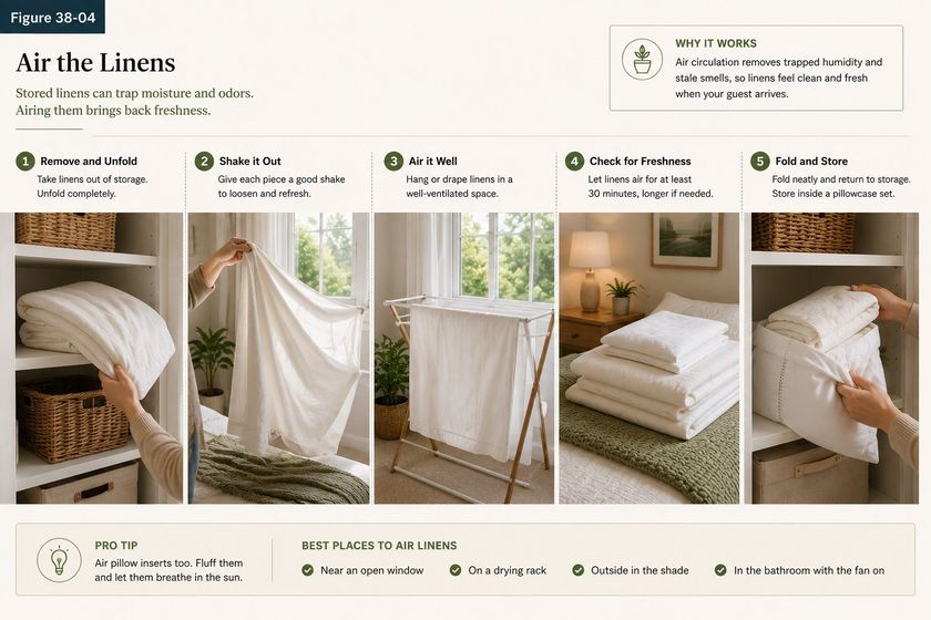 A five step photographic sequence titled Air the Linens, subtitled stored linens can trap moisture and odors, airing them brings back freshness. Step one, remove and unfold, taking linens out of storage and unfolding completely. Step two, shake it out, giving each piece a good shake to loosen and refresh. Step three, air it well, hanging or draping linens in a well ventilated space. Step four, check for freshness, letting linens air for at least thirty minutes and longer if needed. Step five, fold and store, folding neatly and returning to storage inside a pillowcase set. A footer lists the best places to air linens: near an open window, on a drying rack, outside in the shade, and in the bathroom with the fan on.