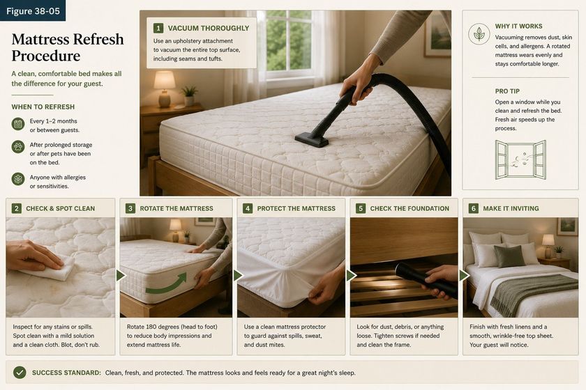 A six step photographic sequence titled Mattress Refresh Procedure. Step one, vacuum thoroughly using an upholstery attachment over the entire top surface including seams and tufts. Step two, check and spot clean, inspecting for stains and blotting rather than rubbing. Step three, rotate the mattress one hundred and eighty degrees head to foot to reduce body impressions. Step four, protect the mattress with a clean protector against spills, sweat and dust mites. Step five, check the foundation for dust, debris or anything loose and tighten screws if needed. Step six, make it inviting with fresh linens and a smooth top sheet.