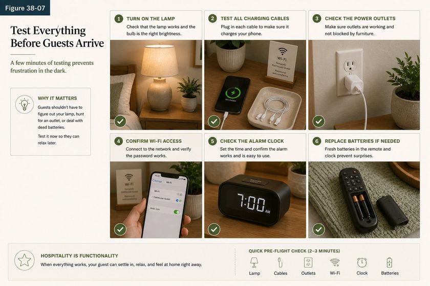A six panel photographic checklist titled Test Everything Before Guests Arrive, subtitled a few minutes of testing prevents frustration in the dark. One, turn on the lamp and check that it works and the bulb is the right brightness. Two, test all charging cables by plugging in each one to make sure it charges a phone. Three, check the power outlets are working and not blocked by furniture. Four, confirm wifi access by connecting to the network and verifying the password. Five, check the alarm clock by setting the time and confirming the alarm works. Six, replace batteries if needed in the remote and clock.