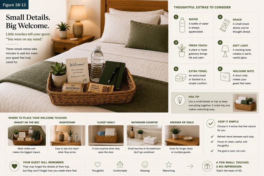 A photograph of a woven welcome tray on a made bed titled Small Details, Big Welcome. The tray holds a small plant, a welcome card, a bottle of water, a notebook and pen, and two plain unbranded snacks. Six numbered extras are listed alongside: water, a snack, a fresh touch such as a plant, soft light from a working lamp, an extra towel or blanket, and a short welcome note. A footer shows five places to put welcome touches: a basket on the bed, the nightstand, the closet shelf, the bathroom counter, and the dresser or table.