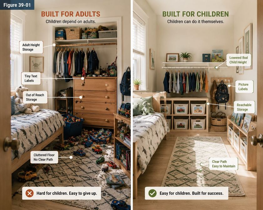 The same child's bedroom photographed twice, side by side. The left half is headed Built for Adults, with the note that children depend on adults: the closet rod hangs at adult height with baskets stored above it, drawer labels are in tiny text, storage sits out of reach, and the floor is covered in toy cars with no clear path, closing on the line that this is hard for children and easy to give up on. The right half is headed Built for Children, with the note that children can do it themselves: the rod has been lowered to child height, bins carry picture labels, storage sits low enough to reach, and a clear path runs across the rug, closing on the line that this is easy for children and built for success.