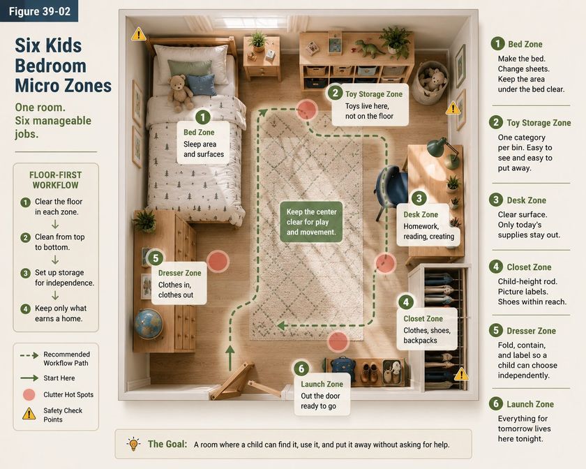 An overhead plan of a child's bedroom titled Six Kids Bedroom Micro Zones, subtitled one room, six manageable jobs. The six zones are numbered: the bed zone covering the sleep area and its surfaces, the toy storage zone where toys live instead of on the floor, the desk zone for homework and reading, the closet zone for clothes, shoes and backpacks, the dresser zone where clothes go in and out, and the launch zone by the door holding everything needed for tomorrow. A dashed line traces a path between them, pink dots mark the spots where clutter collects, and warning triangles mark the points to check for safety. A side panel gives the floor first workflow: clear the floor in each zone, clean from top to bottom, set up storage for independence, and keep only what earns a home. The center of the room is left open for play and movement, and the stated goal is a room where a child can find something, use it and put it away without asking for help.
