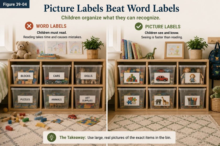 The same six bin toy shelf photographed twice to compare labeling, titled Picture Labels Beat Word Labels, subtitled that children organize what they can recognize. On the left the bins are labeled in words, blocks, cars, dolls, puzzles, animals and art supplies, and the note explains that a child has to read them, which takes time and causes mistakes; blocks, a car and a puzzle lie scattered on the rug in front. On the right the identical bins carry photographs of what is inside, a stack of blocks, a red car, a doll, puzzle pieces, toy animals and colored pencils, and the note explains that a child sees and knows, because seeing is faster than reading; the rug in front is clear. The takeaway at the foot is to use large, real pictures of the exact items in the bin.
