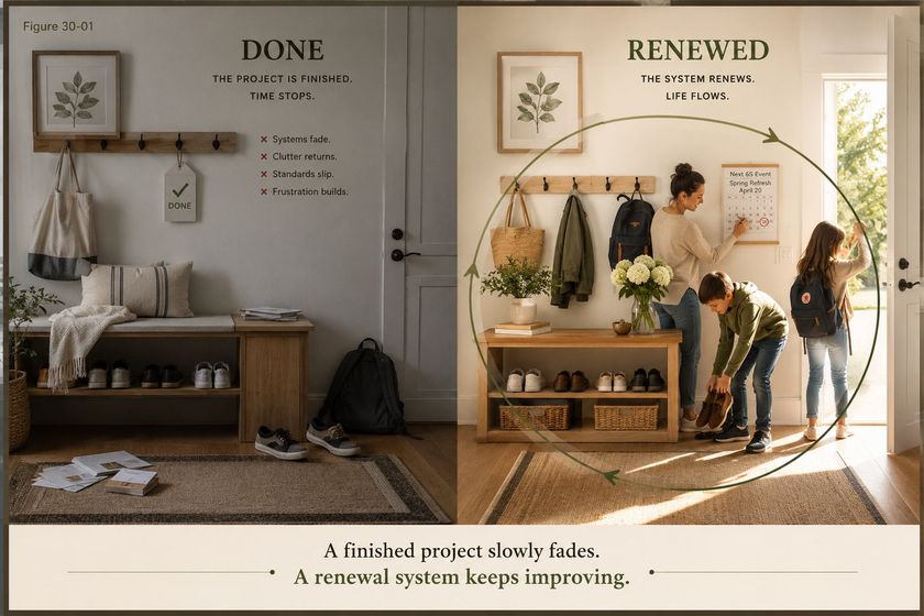 A pair of entryway scenes side by side. Left, labelled Done, the project is finished and the room is starting to slip. Right, labelled Renewed, a family is resetting the same space and it holds.
