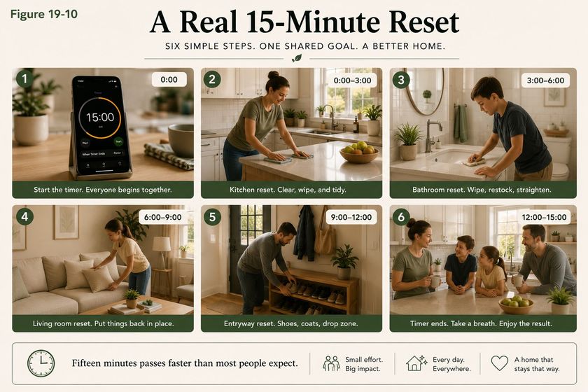 Figure 19-10 from the book, A Real 15-Minute Reset: six numbered photographs with a running clock, from starting the timer at 0:00 through kitchen, bathroom, living room and entryway to taking a breath at 15:00.