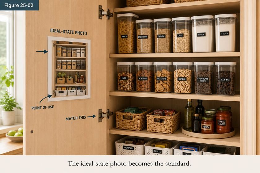 Figure 25-02 from the book: an open pantry cupboard of labeled containers with a photograph of the cupboard's ideal state taped inside the door, captioned that the ideal-state photo becomes the standard.