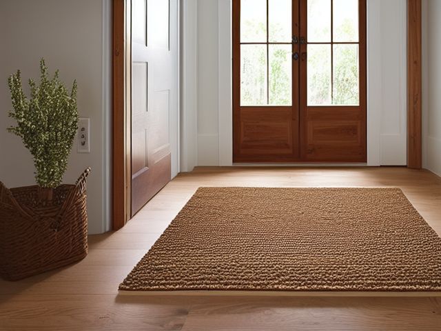 A coir mat on bare wood floor just inside a front door, a planted basket to one side, nothing else on the floor.