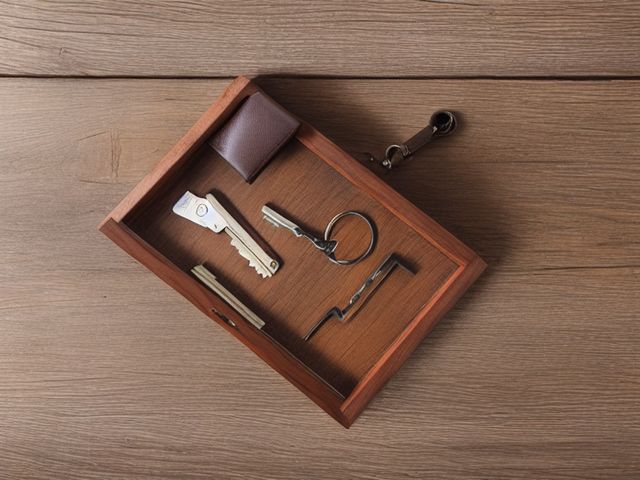 A close view of a wooden tray on a table holding a folded wallet, a set of keys, a pen and a bottle opener, and nothing else.